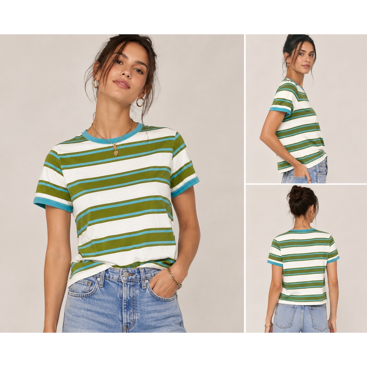 Pilcro Anthropologie Striped Ringer Tee Green Blue Cotton Shirt Xs